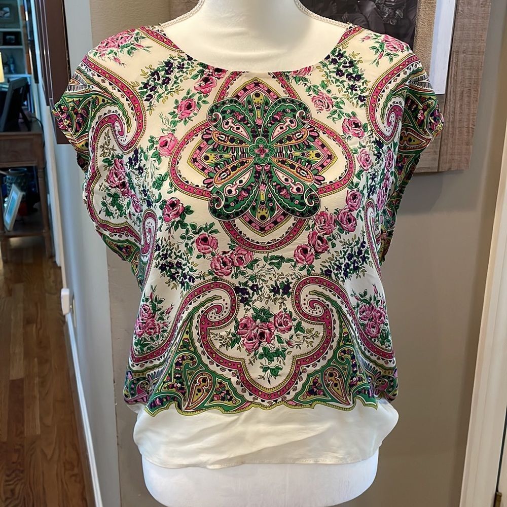 Anthropologie Maeve Cream and Green Paisley Silk Blouse
